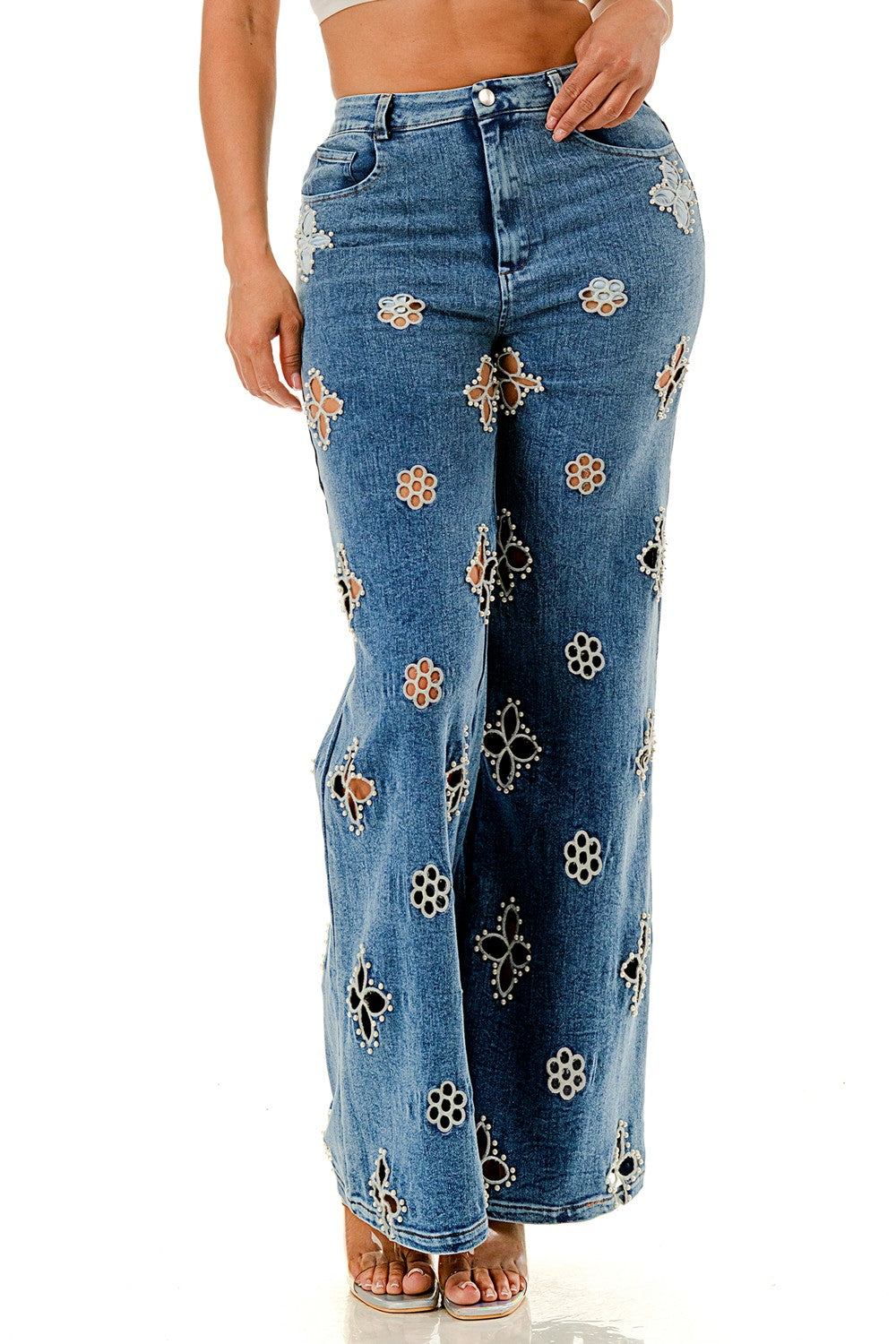 Pearl Flower Cut-out Wide Leg Pants