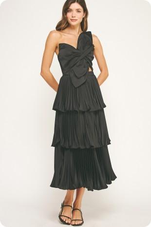 Knotted Flower Bow Satin Pleated Midi Dress