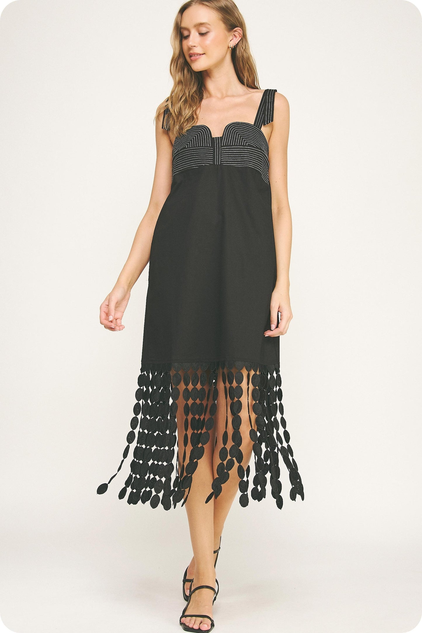 Dotted Lace Fringe Linen Midi Dress