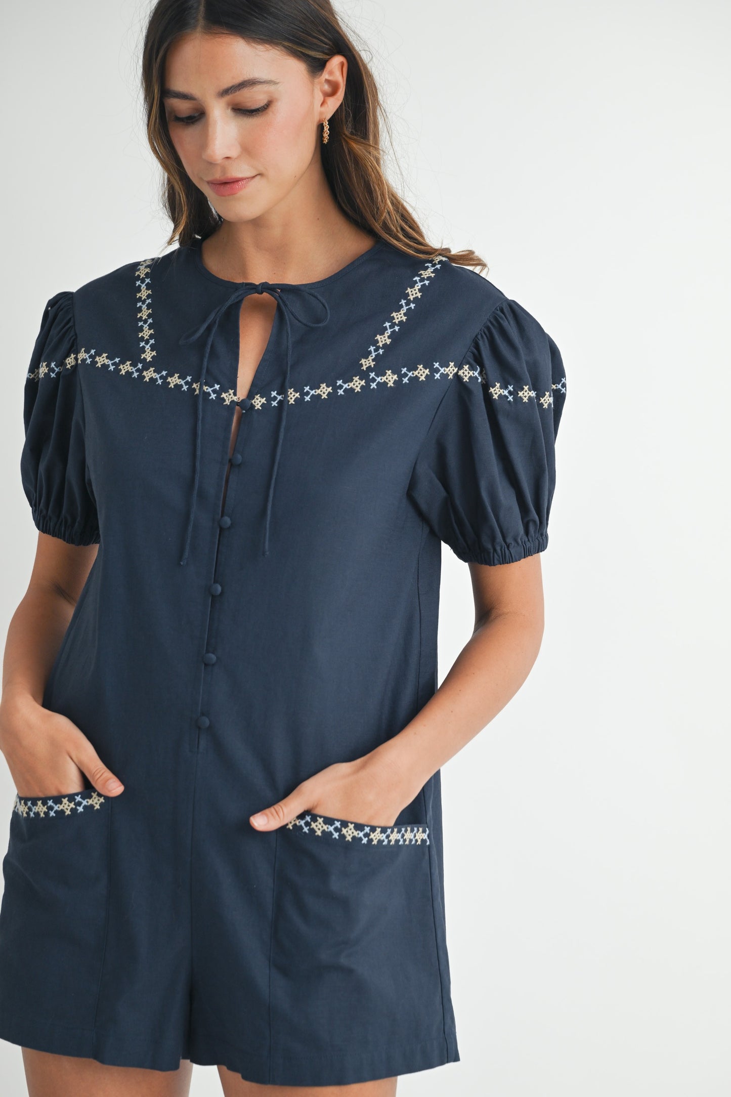 Embroidered Short Sleeve Romper