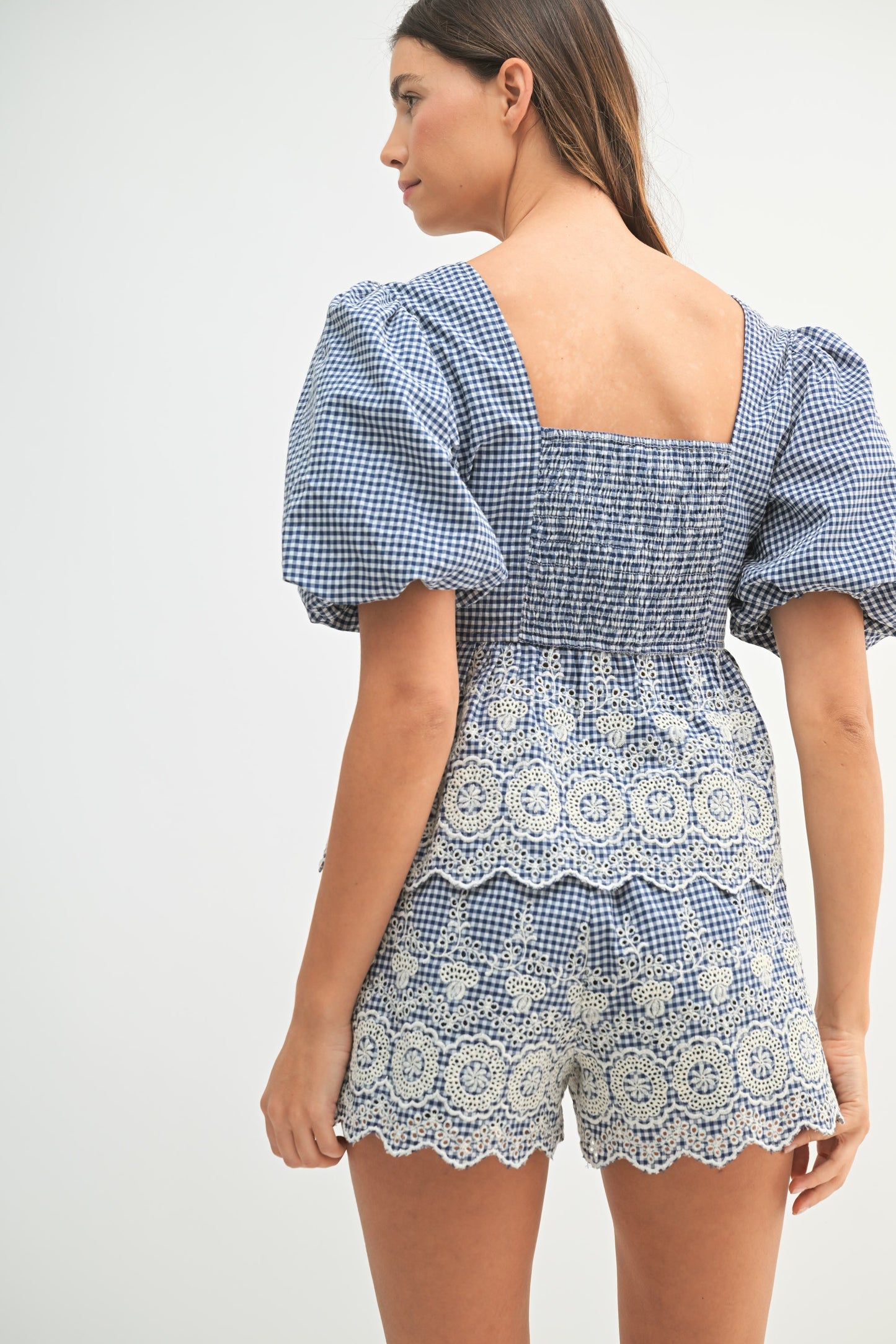 Gingham Bubble Sleeve Blouse And Shorts Set