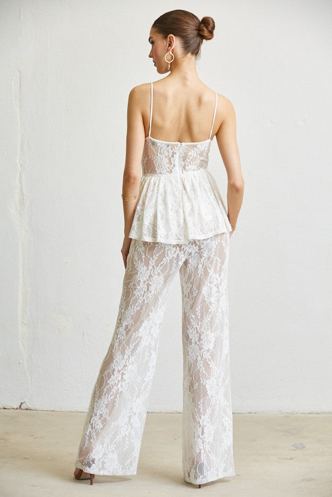 Floral Lace Pattern Peplum Top And Pant Jumpsuit
