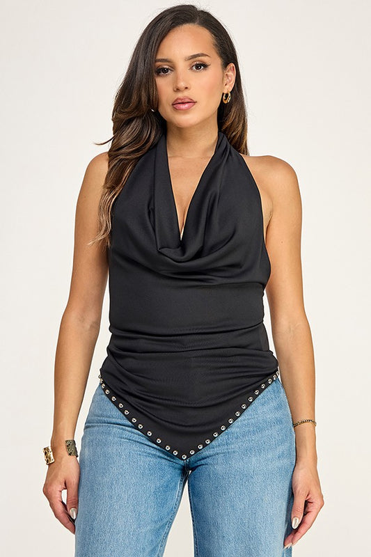COTTON STUDDED DETAIL WITH COWL FRONT HALTER
