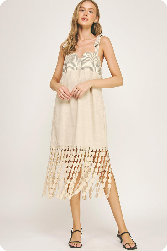 Dotted Lace Fringe Linen Midi Dress