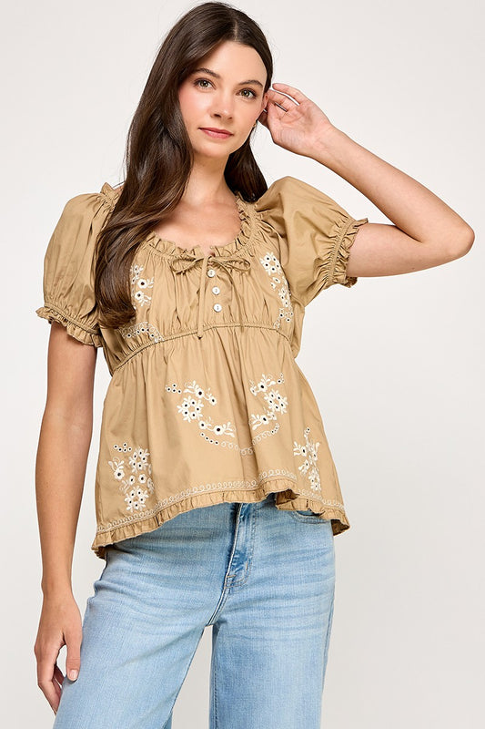 Embroidery Detail Elastic Band Top