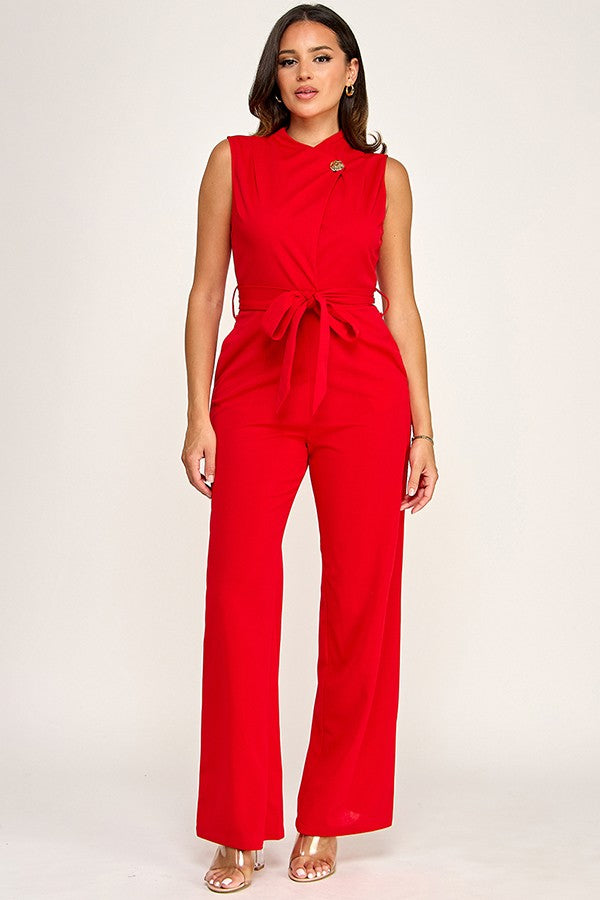 GOLD TRIM DETAIL WASIT TIE JUMPSUIT