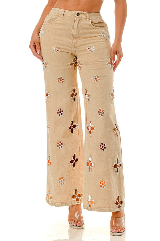 Pearl Flower Cut-out Wide Leg Pants