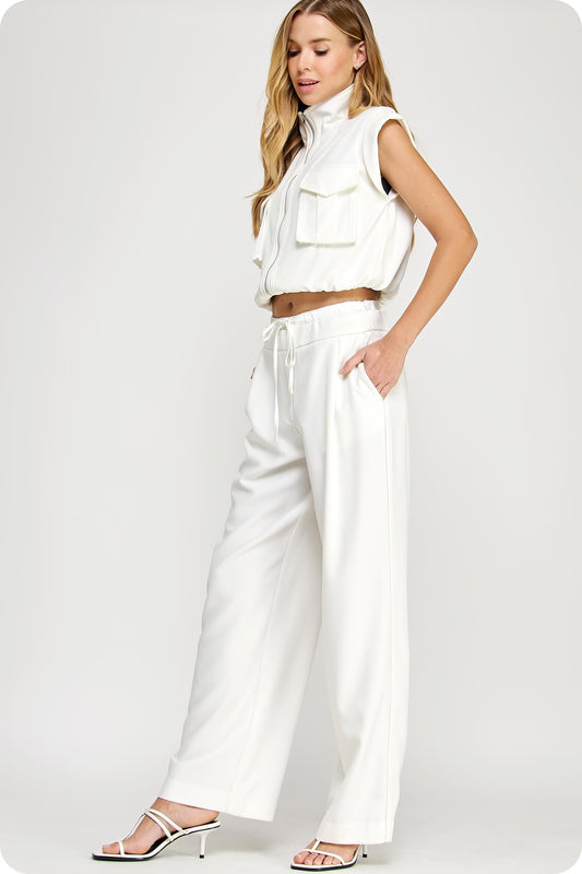 SET Mock Neck Rolled Up Sleeve Piping Detail Vest