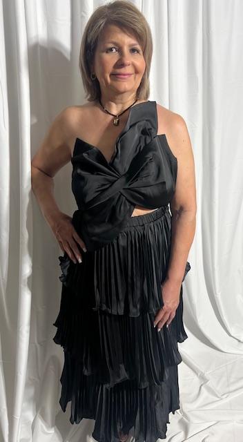 Knotted Flower Bow Satin Pleated Midi Dress