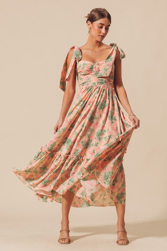Flowy Floral Feminine Dress With Ribbon Strap
