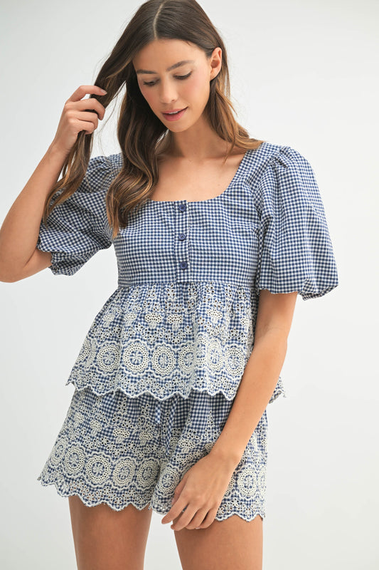 Gingham Bubble Sleeve Blouse And Shorts Set