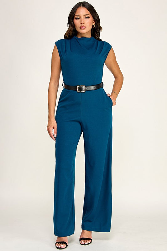 HIGH NECK BELTED JUMPSUIT