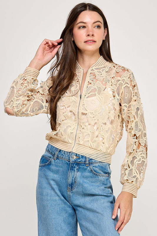 Lace Crochet Front Zipper Jacket