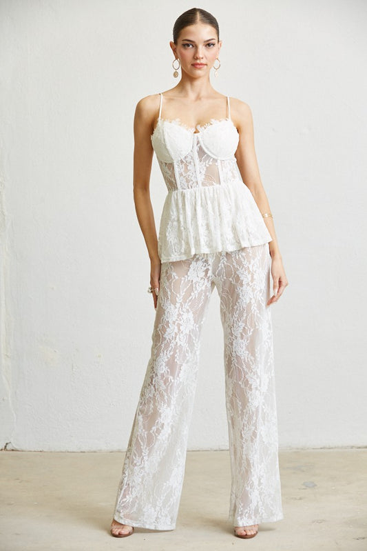 Floral Lace Pattern Peplum Top And Pant Jumpsuit