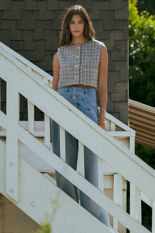 Tweed Check Front Pocket Crop Vest