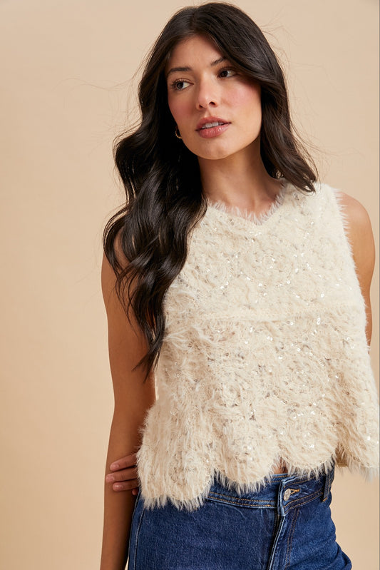 EYELASH SEQUIN EMBELLISHED KNIT TANK TOP