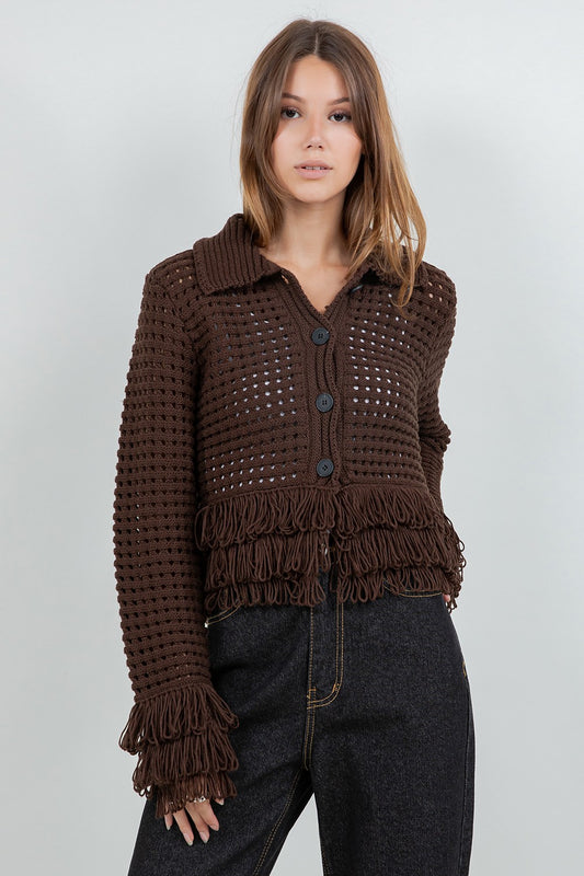 Fringe Detailed Soft Knit Button Down Cardigan