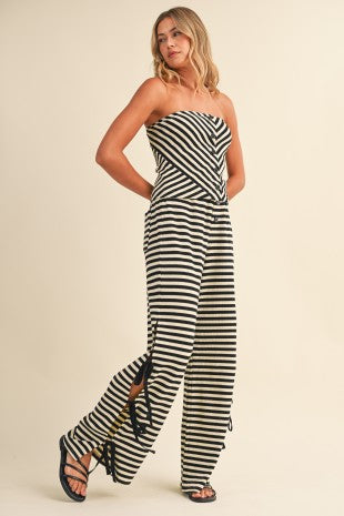 Striped Tube Top And Pants With Side Bow Details
