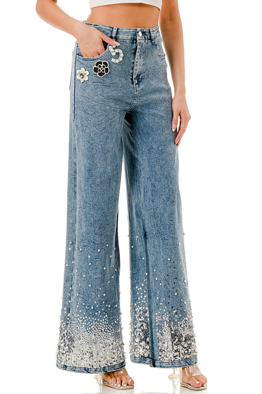 Embellished Pearl & Sequin Wide-leg Pants