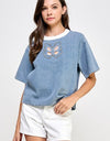 RHINESTONE DETAIL DENIM T SHIRT