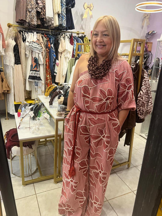 One-shoulder Floral Embroidered Jumpsuit