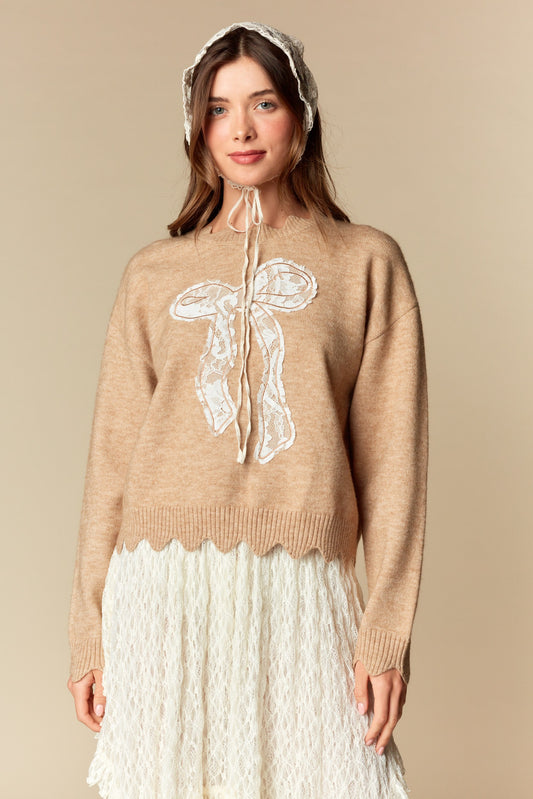 Bow Applique Scallop Hem Sweater