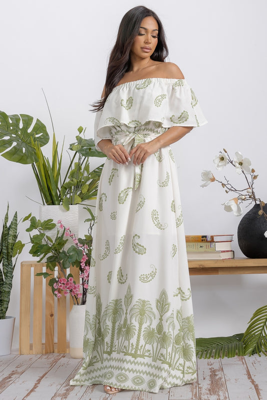 Off Shoulder Graphic Print Maxi Dress